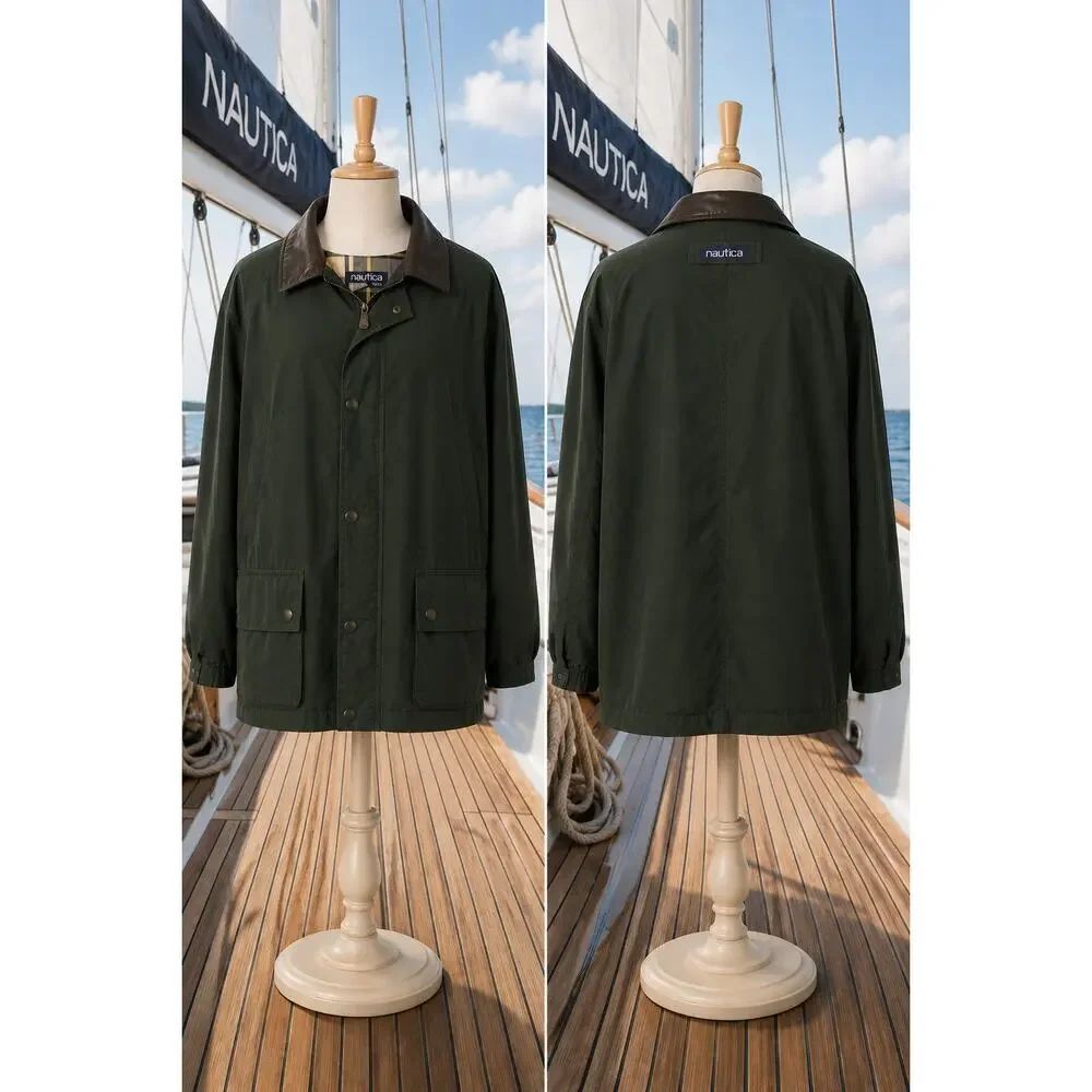 Vintage Nautica Leather Collar Heavy Jacket Men’s XL Oversized Green